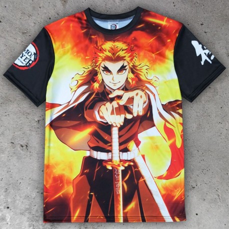 Camiseta Kyojuro Rengoku Demon Slayer con diseño de llamas