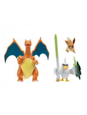 Figuras Pokémon Eevee, Sirfetch'd y Charizard en blíster