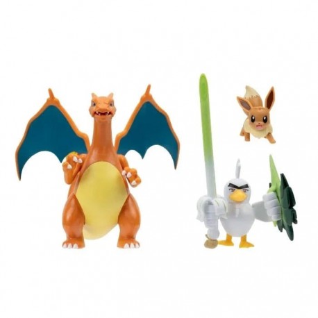 Figuras Pokémon Eevee, Sirfetch'd y Charizard en blíster