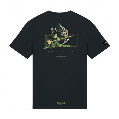 Camiseta Genshin Impact Tighnari Verdant Strider, preta com design de arco