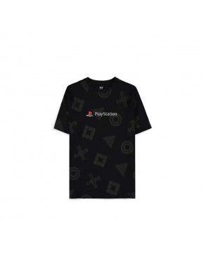 Camiseta negra logo PlayStation con símbolos icónicos