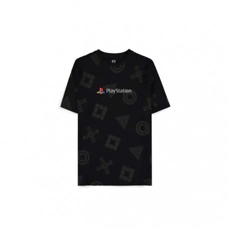 Camiseta negra logo PlayStation con símbolos icónicos