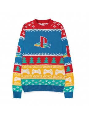 Sudadera navideña PlayStation azul con logotipo y motivos navideños