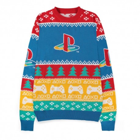 Sudadera navideña PlayStation azul con logotipo y motivos navideños