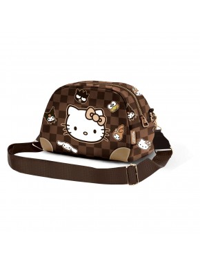 Bolso bandolera marrón Hello Kitty con diseño de cuadros.