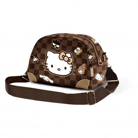 Bolso bandolera marrón Hello Kitty con diseño de cuadros.