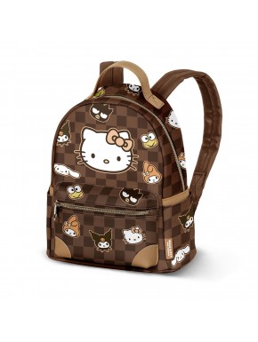 Mochila marrón Hello Kitty con diseño de cuadros.