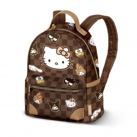 Mochila marrón Hello Kitty con diseño de cuadros.
