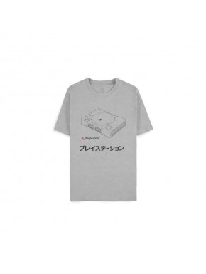 Camiseta gris de PlayStation con diseño de consola clásica