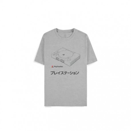 Camiseta gris de PlayStation con diseño de consola clásica
