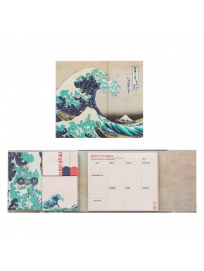 Planificador semanal con arte de Hokusai y notas adhesivas