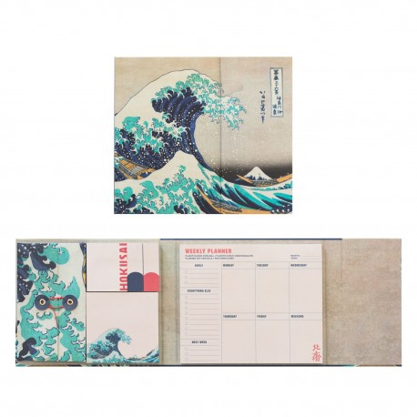 Planificador semanal con arte de Hokusai y notas adhesivas