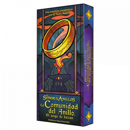 Caja y componentes del juego de cartas La Comunidad del Anillo