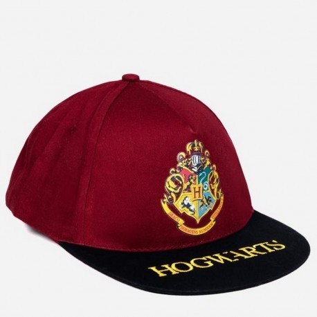 Boné borgonha Harry Potter com brasão de Hogwarts e aba plana