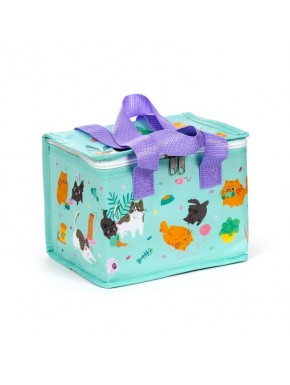 Bolsa refrigerante verde con diseño de gatos kawaii