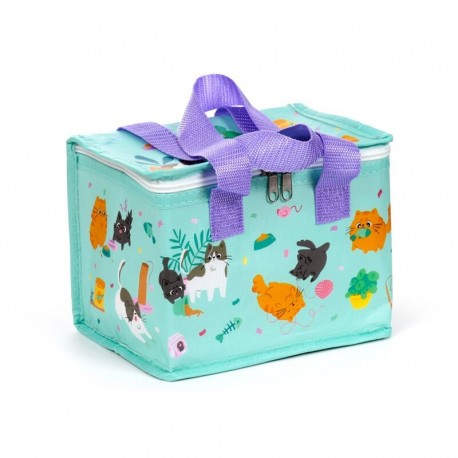 Bolsa refrigerante verde con diseño de gatos kawaii
