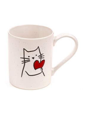 Taza blanca de gres con gato y corazón rojo