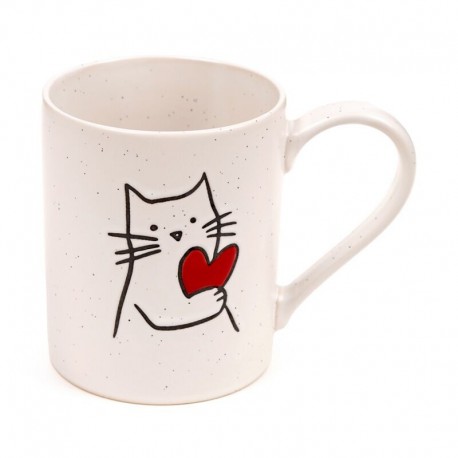 Caneca branca de grés com gato e coração vermelho