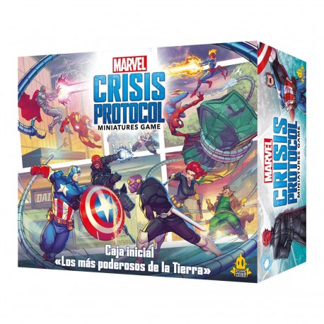 Conjunto inicial de Marvel Crisis Protocol com miniaturas de super-heróis