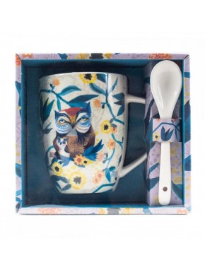 Taza Enesco con diseño de búhos y cuchara