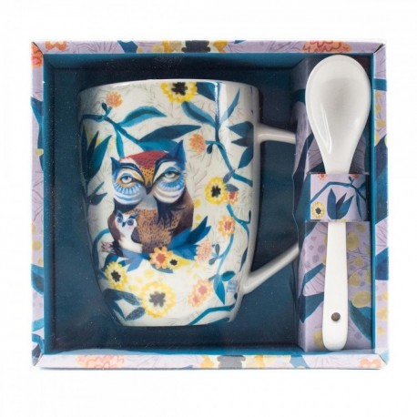 Taza Enesco con diseño de búhos y cuchara