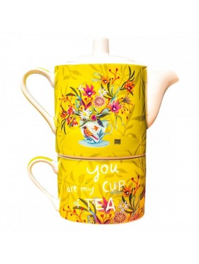 Tetera y taza Enesco con diseño floral vibrante