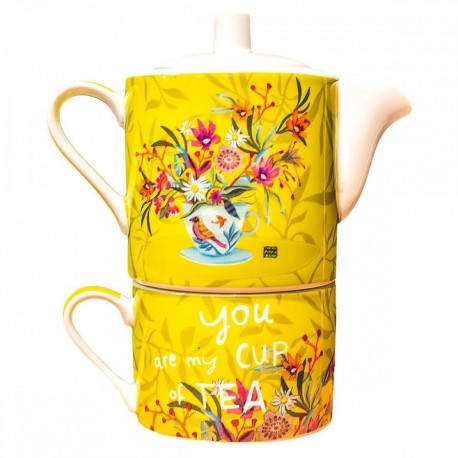 Tetera y taza Enesco con diseño floral vibrante