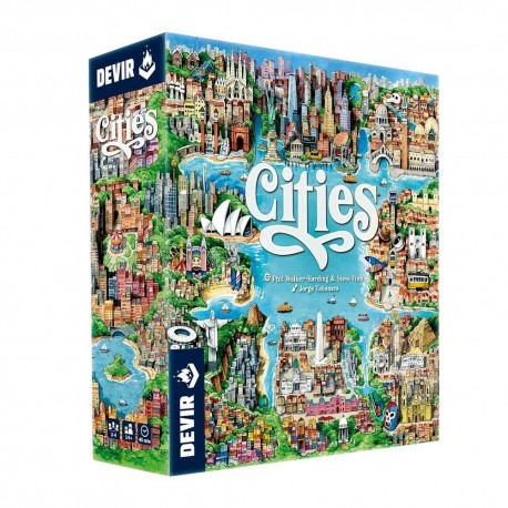 Caja del juego de mesa Cities con ilustraciones coloridas
