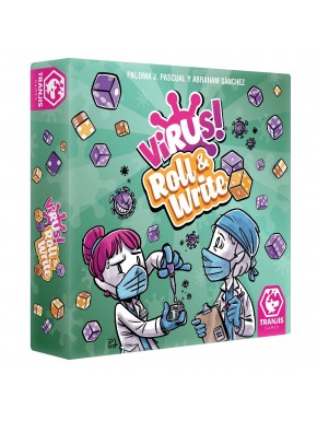 Caja y componentes del juego de mesa Virus! Roll & Write