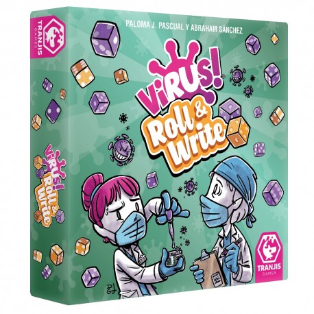 Caja y componentes del juego de mesa Virus! Roll & Write