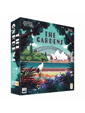 Caja del juego de mesa The Gardens con ilustración del Jardín Botánico de Sídney