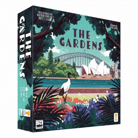 Caja del juego de mesa The Gardens con ilustración del Jardín Botánico de Sídney