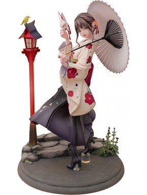 Estatua de Tsumugi con kimono y paraguas en base decorativa