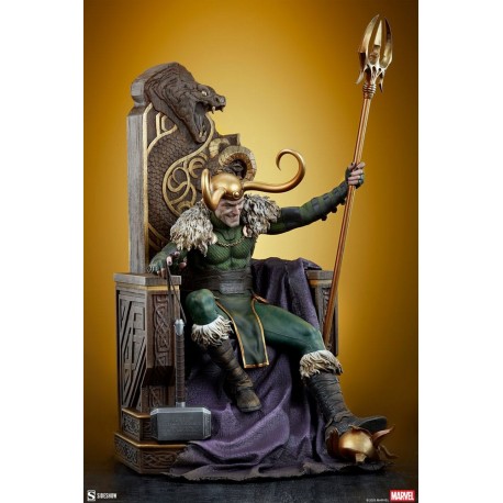 Statue de Loki sur trône avec marteau et lance, 59 cm