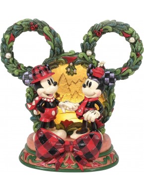 Figura Diorama Enesco Disney Mickey y Minnie con adornos navideños