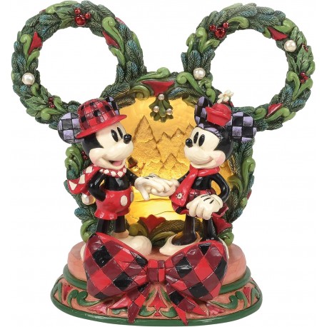 Figura Diorama Enesco Disney Mickey y Minnie con adornos navideños