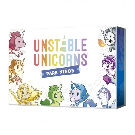 Caixa e cartas do jogo Unstable Unicorns para crianças
