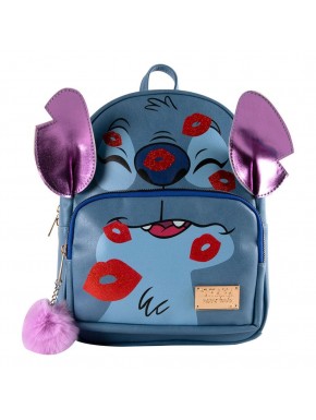 Mochila azul Stitch com beijos vermelhos