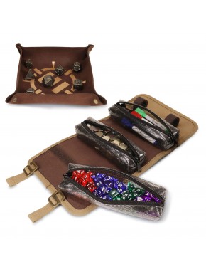Sac à dés en toile marron avec accessoires de jeu