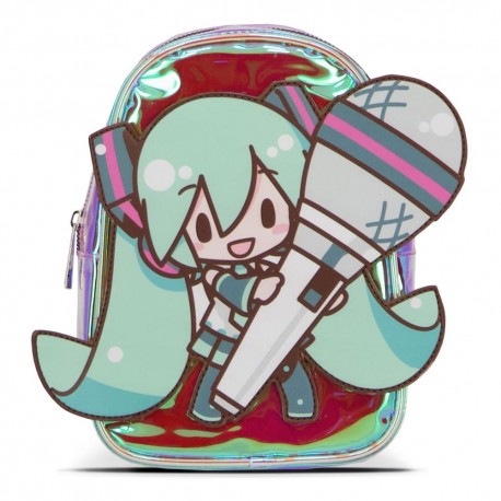 Mini-mochila iridescente Hatsune Miku com ilustração frontal