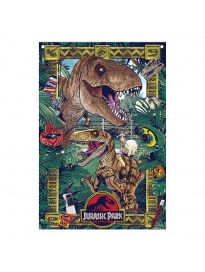 Drapeau Jurassic Park avec T-Rex et vélociraptor