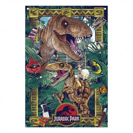 Drapeau Jurassic Park avec T-Rex et vélociraptor