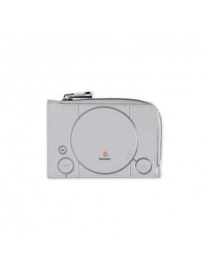 Cartera gris para tarjetas de PlayStation con diseño clásico.