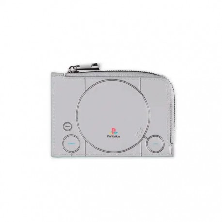 Cartera gris para tarjetas de PlayStation con diseño clásico.