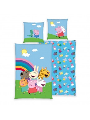 Peppa Pig ropa de cama azul con personajes y arco iris