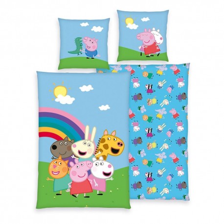 Peppa Pig ropa de cama azul con personajes y arco iris