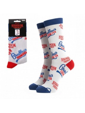 Calcetines Stranger Things con logos, colores rojo, azul y blanco