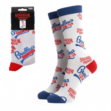 Chaussettes Stranger Things avec logos, couleurs rouges, bleues et blanches
