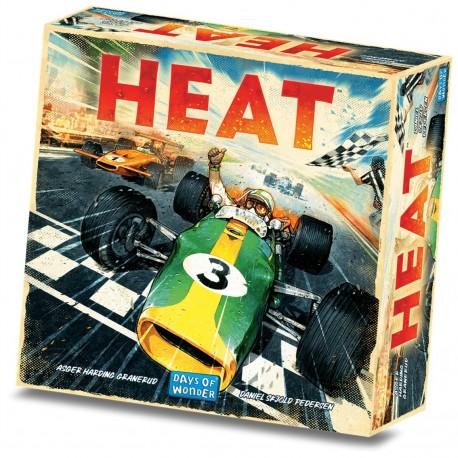 Boîte et composants du jeu de société Heat avec voitures classiques