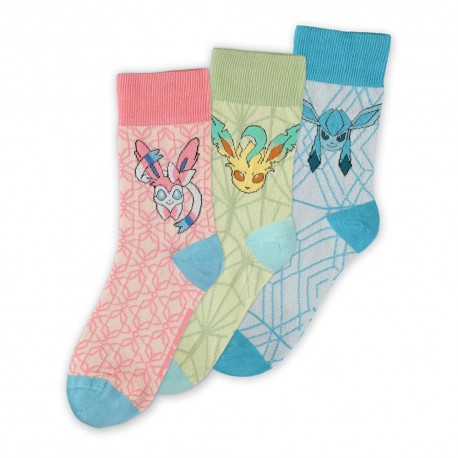 chaussettes Pokémon Évolution d'Evoli en rose, bleu et vert